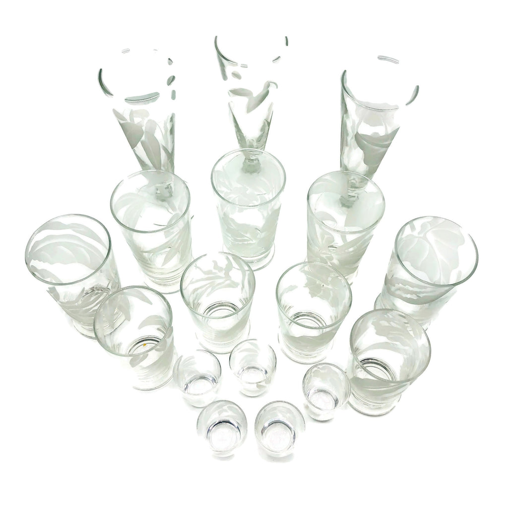 Vintage Frank Oda Etched 17 Piece Drinking Glass Set