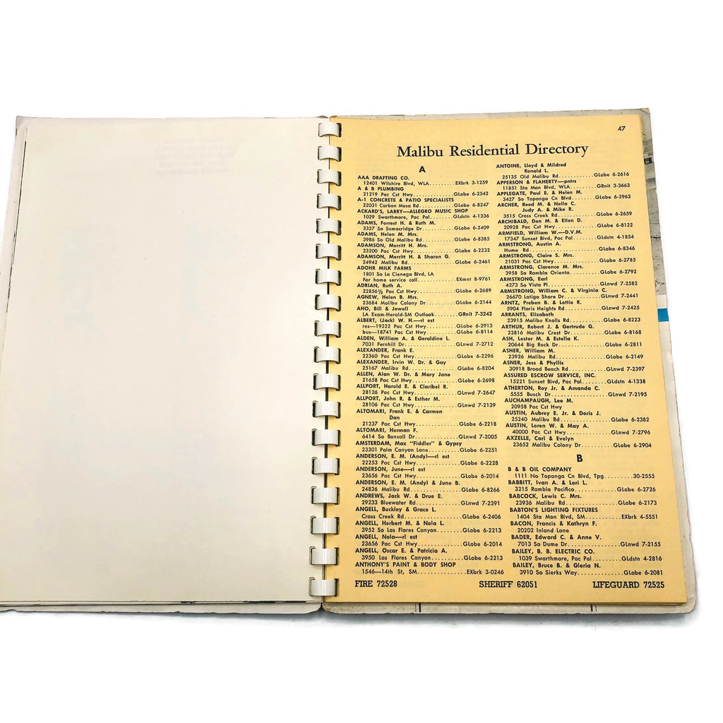 Vintage 1957 Malibu California Phone Directory Book