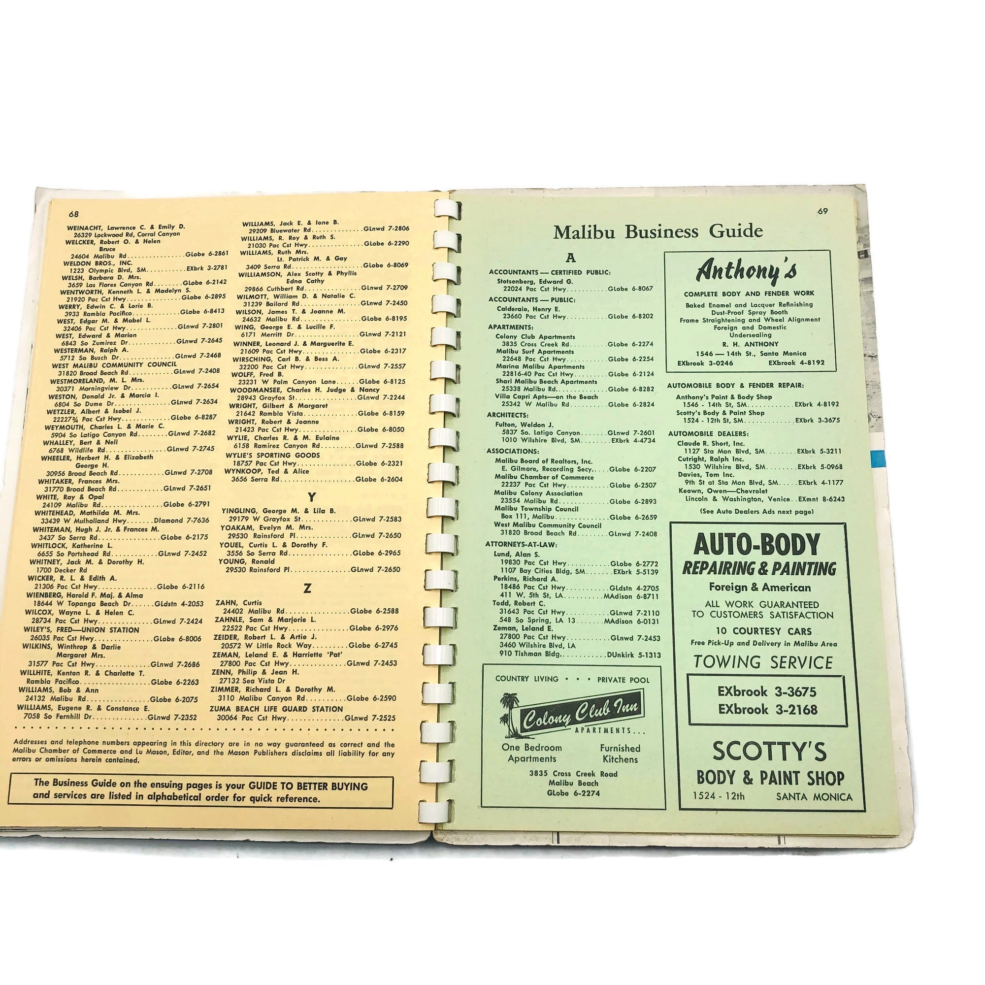 Vintage 1957 Malibu California Phone Directory Book