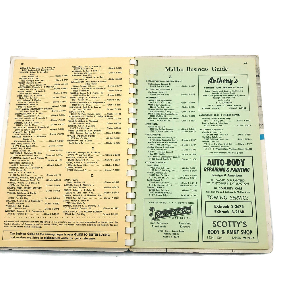 Vintage 1957 Malibu California Phone Directory Book