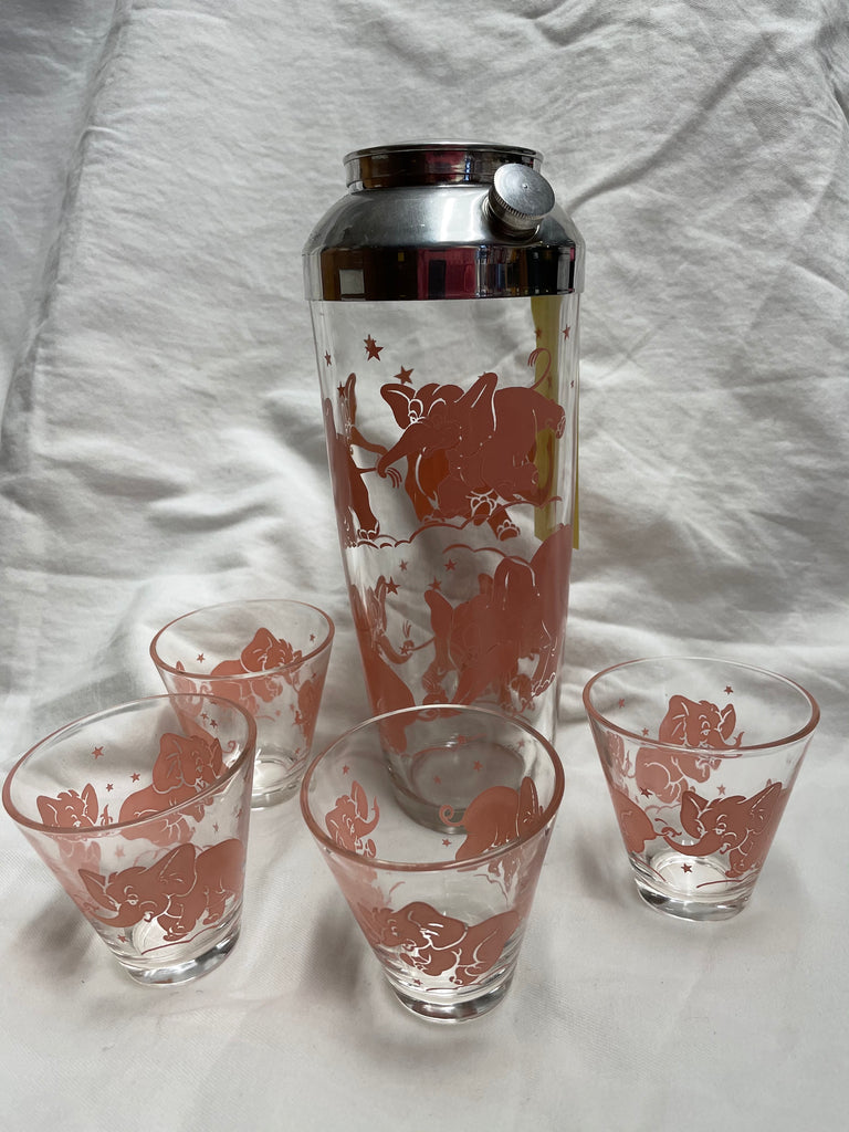 Vintage Pink Elephant Cocktail Shaker W/ 4 Glasses