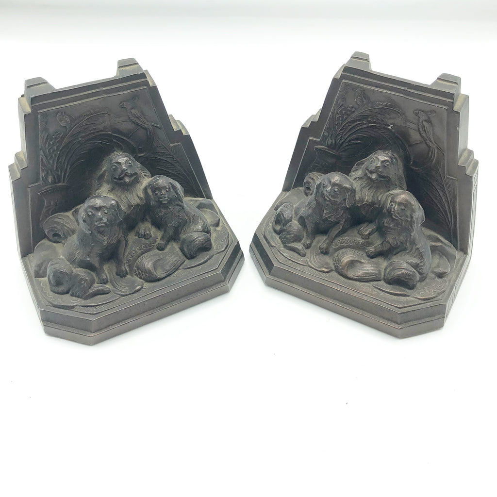 Vintage Bookends W/ Dogs Pekingese Dogs Spelter Metal