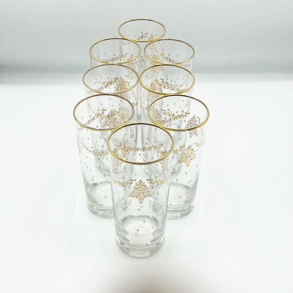 Vintage Mid Century Modern Set Of 8 Christmas High Ball Glasses