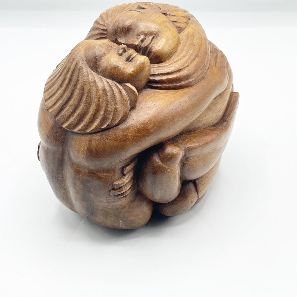 Vintage Hand Carved Wooden Couple Hugging Statue