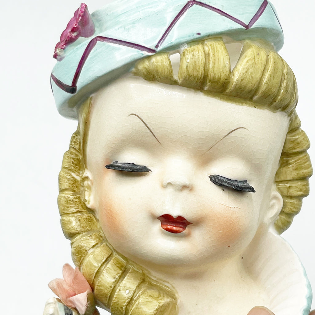 Vintage Blue Hat Female Head Vase