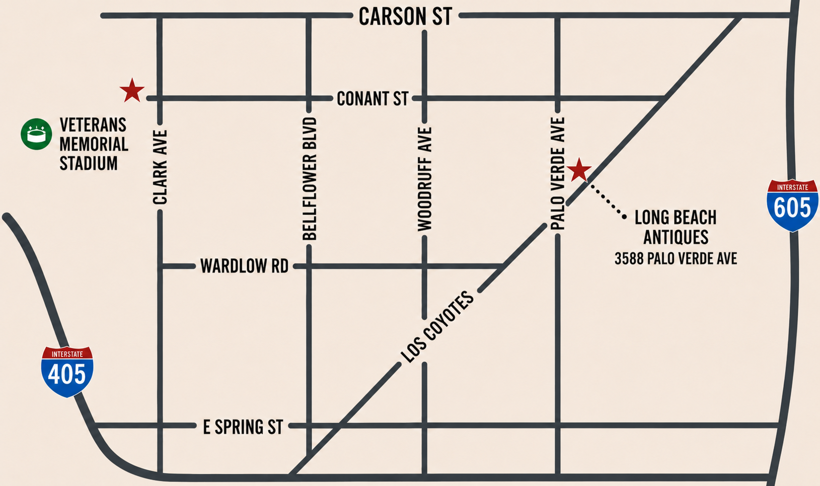 Map of a street layout with labeled intersections and directions.