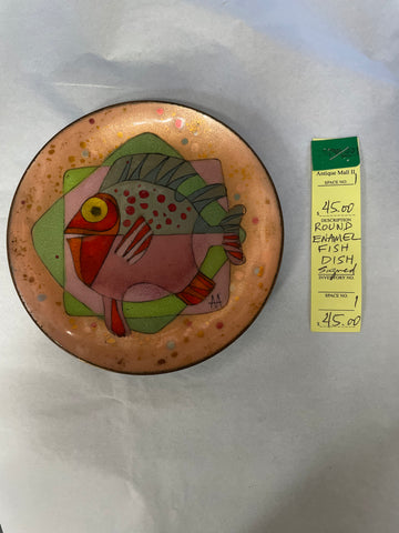 Mid Century Modern Round Enamel Fish Dish Signed