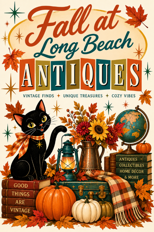 A vintage-style illustrated poster reading 'Fall at Long Beach Antiques' with autumn leaves, a black cat wearing an orange scarf, pumpkins, flowers, a lantern, a suitcase, books, and a globe on a cream background.