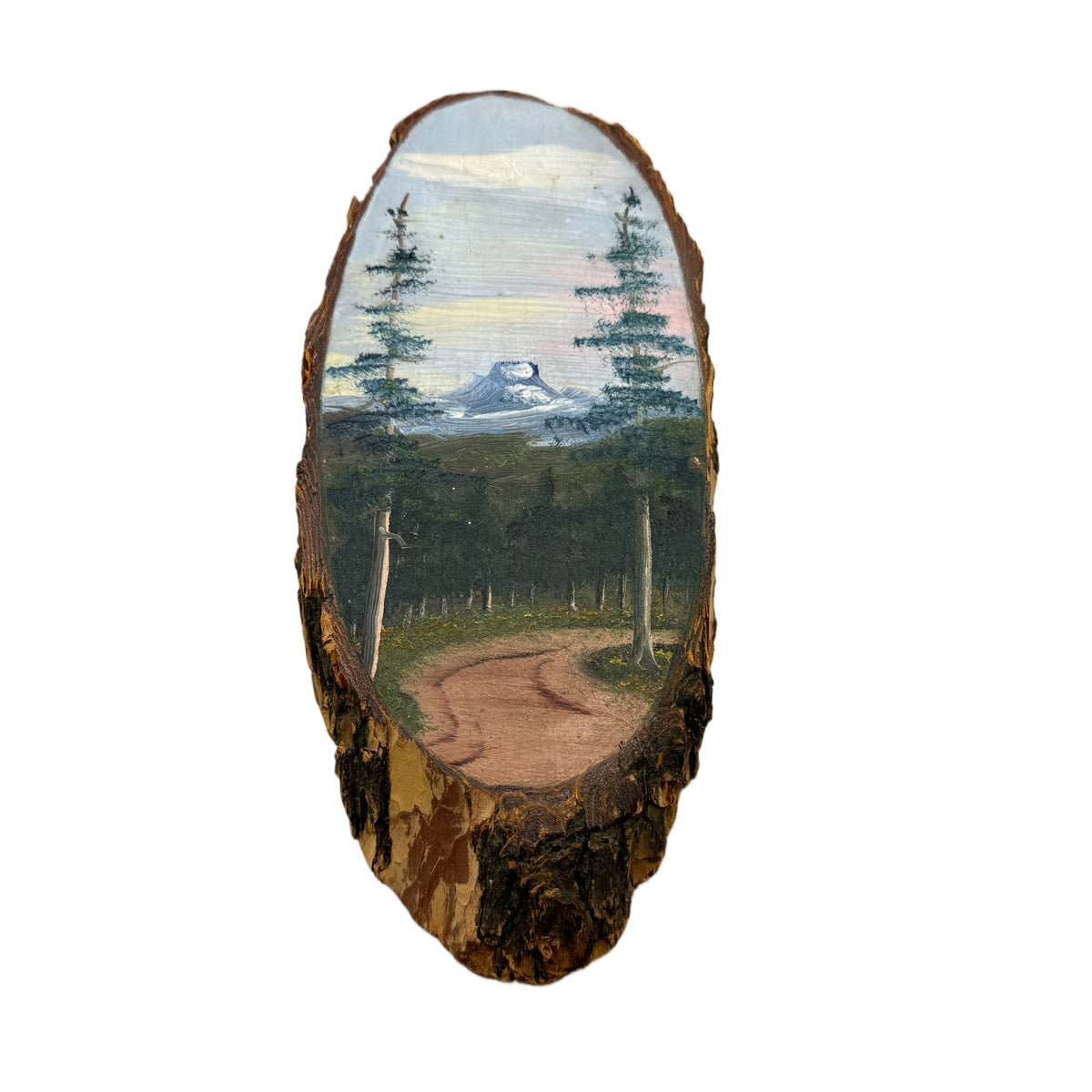 Vintage Hand Painted Landscape on a Live Edge Wood Slab By R.A. Shoup