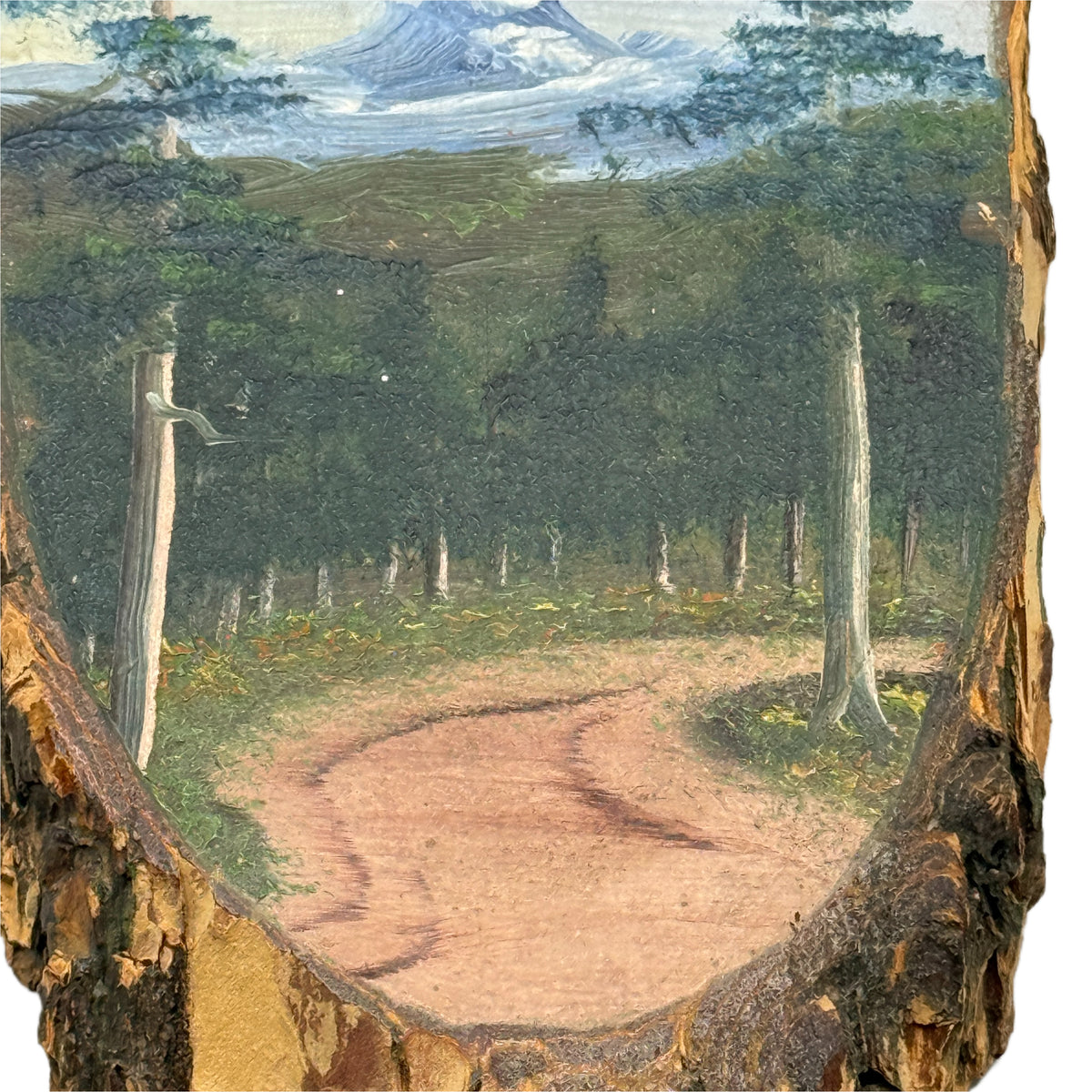 Vintage Hand Painted Landscape on a Live Edge Wood Slab By R.A. Shoup
