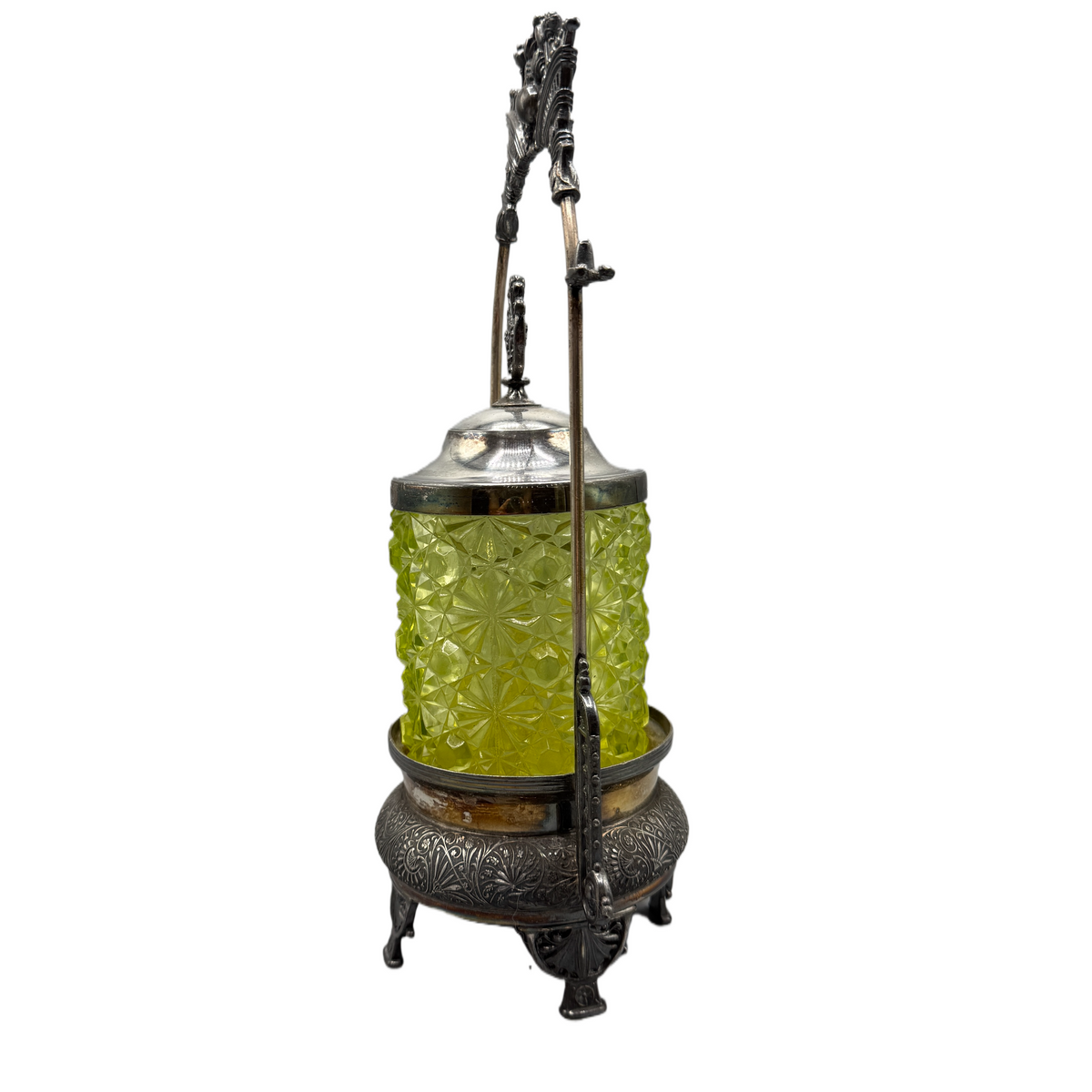 Antique Uranium/ Vaseline Glass Quadruple Silver Plate Pickle Castor