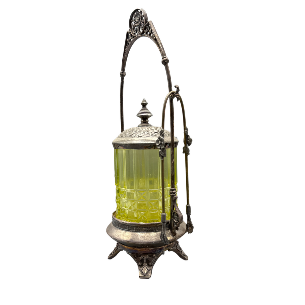 Antique Uranium/ Vaseline Glass Silver Plate Pickle Castor