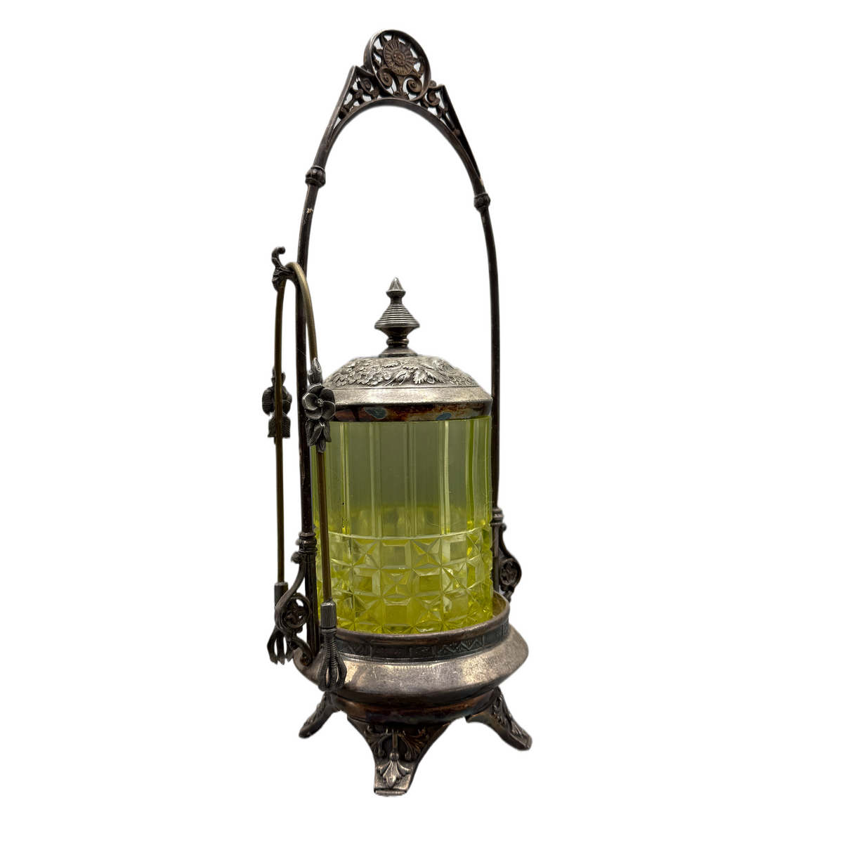 Antique Uranium/ Vaseline Glass Silver Plate Pickle Castor