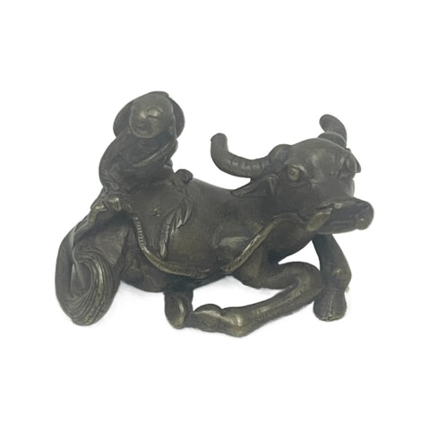 Antique Small Oriental Bronze Of A Man & Water Buffalo