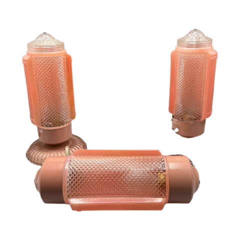 Set of 3 Pink Glass Art Deco Bedroom Lamps