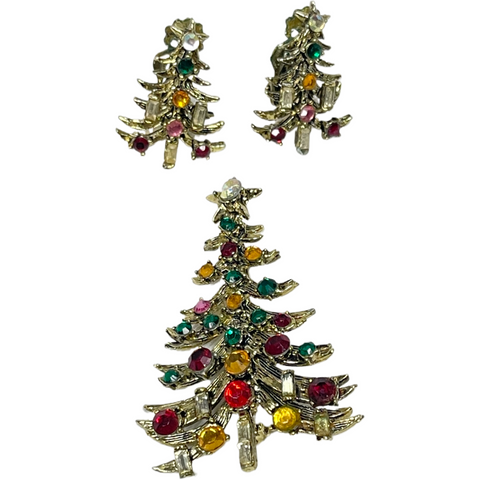 Vintage Hollycraft Christmas Tree Rhinestone Brooch & Earring Set