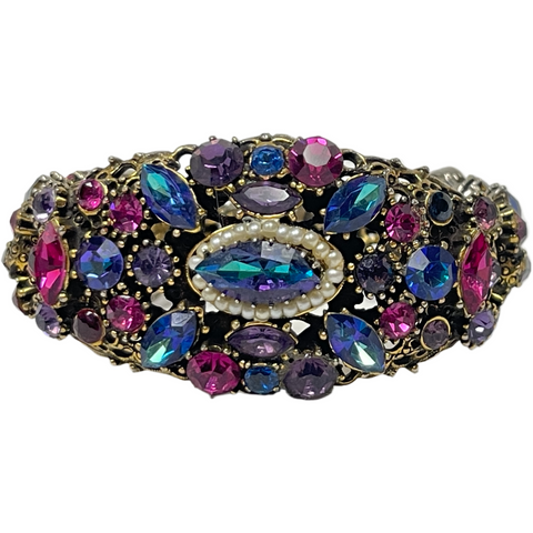 Vintage Weiss Blue, Purple, & Pink Rhinestone Clamp Bracelet