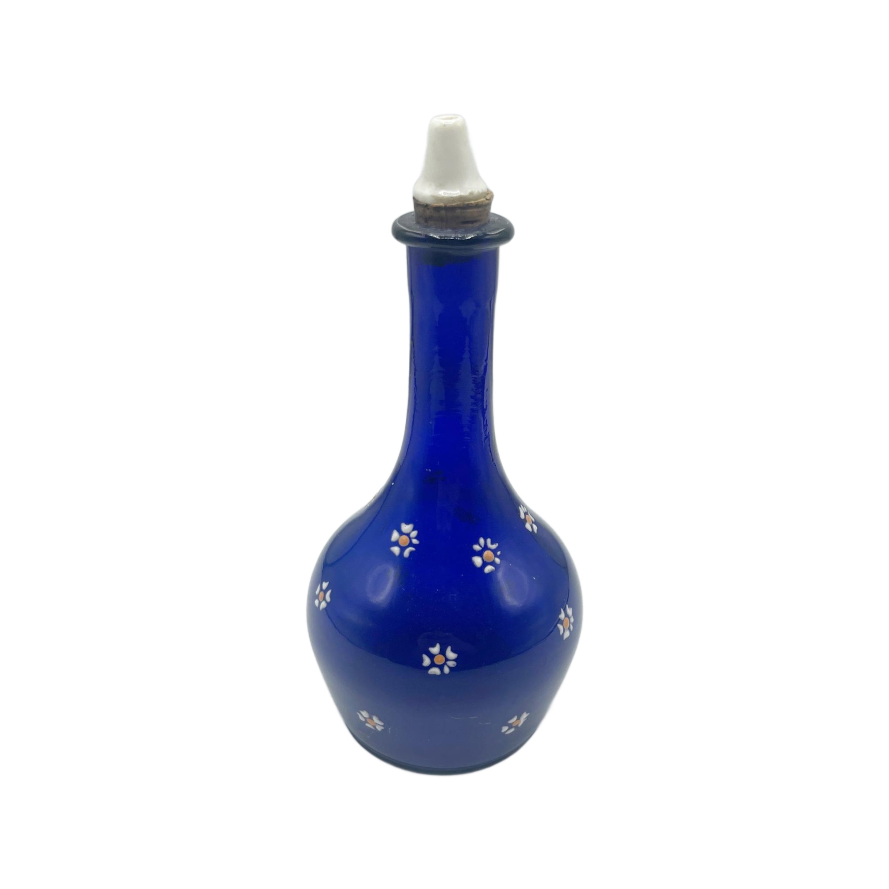 Antique Cobalt Blue Glass Barber Bottle  W/ Floral Design