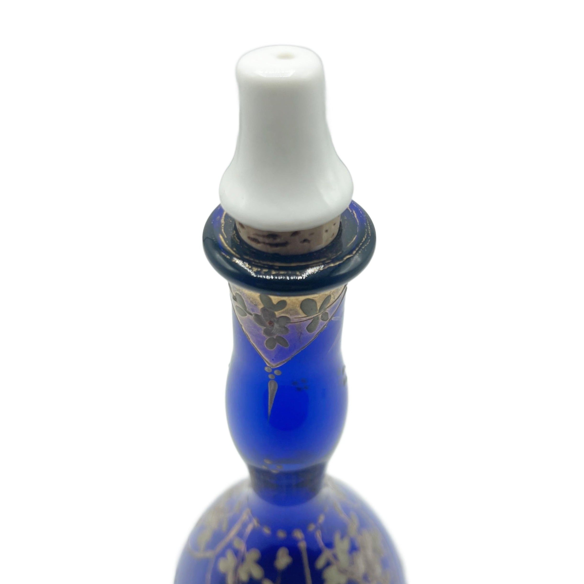 Antique Cobalt Blue Art Nouveau Floral Gilded Barbers Bottle 