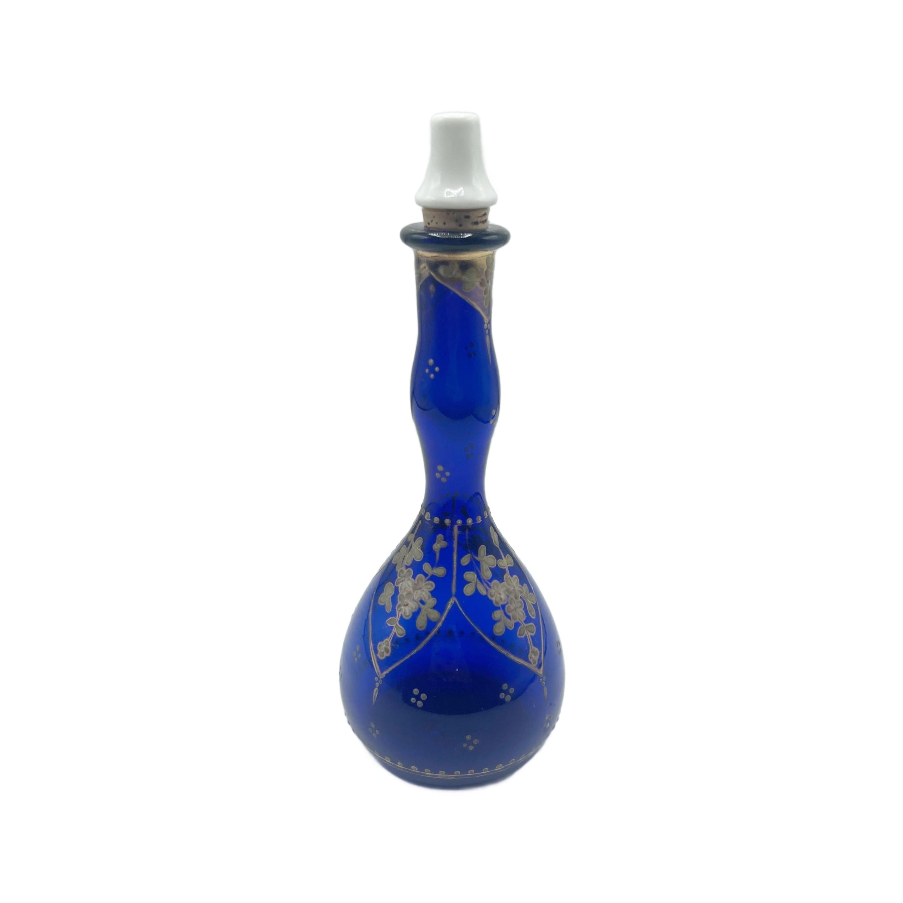 Antique Cobalt Blue Art Nouveau Floral Gilded Barbers Bottle 