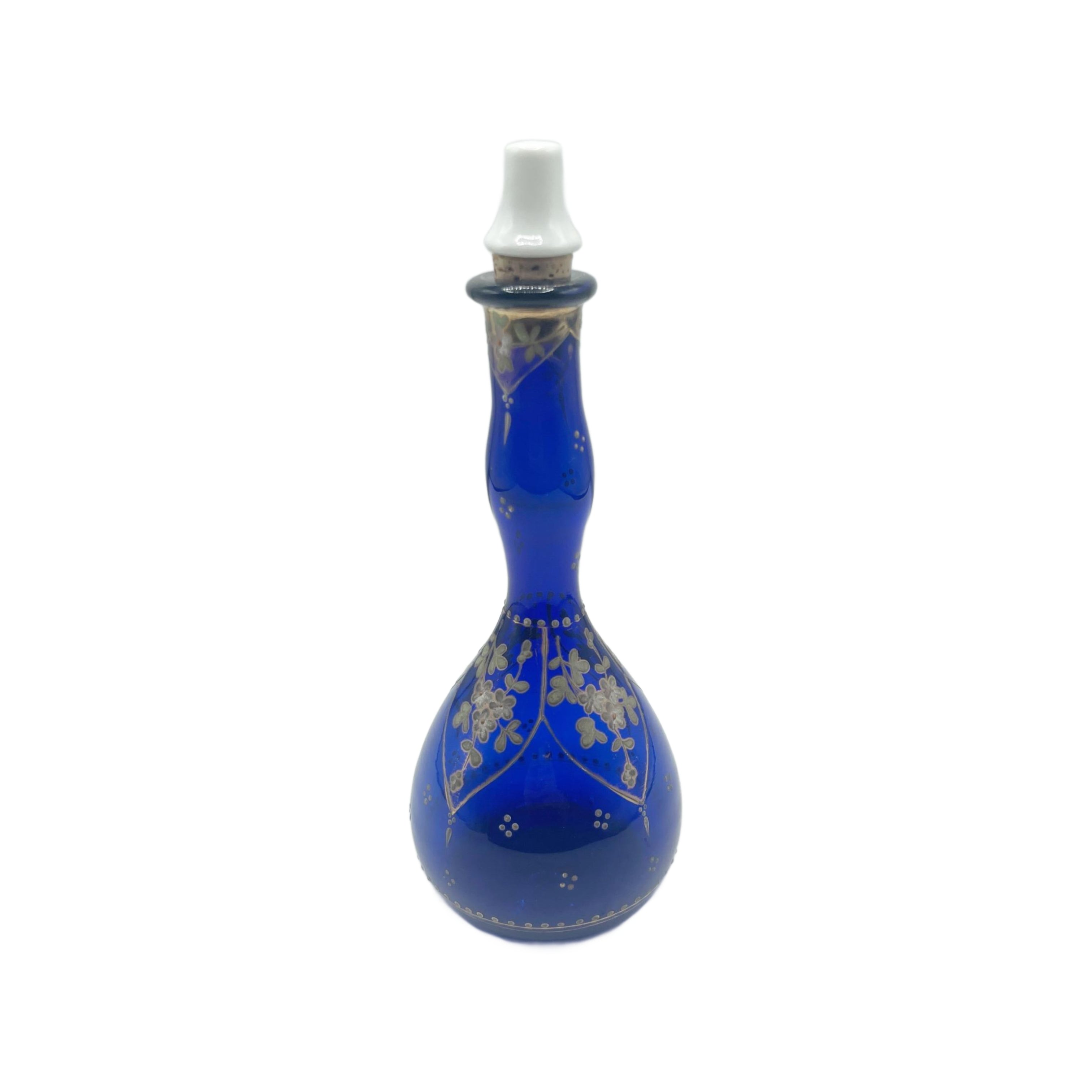 Antique Cobalt Blue Art Nouveau Floral Gilded Barbers Bottle 