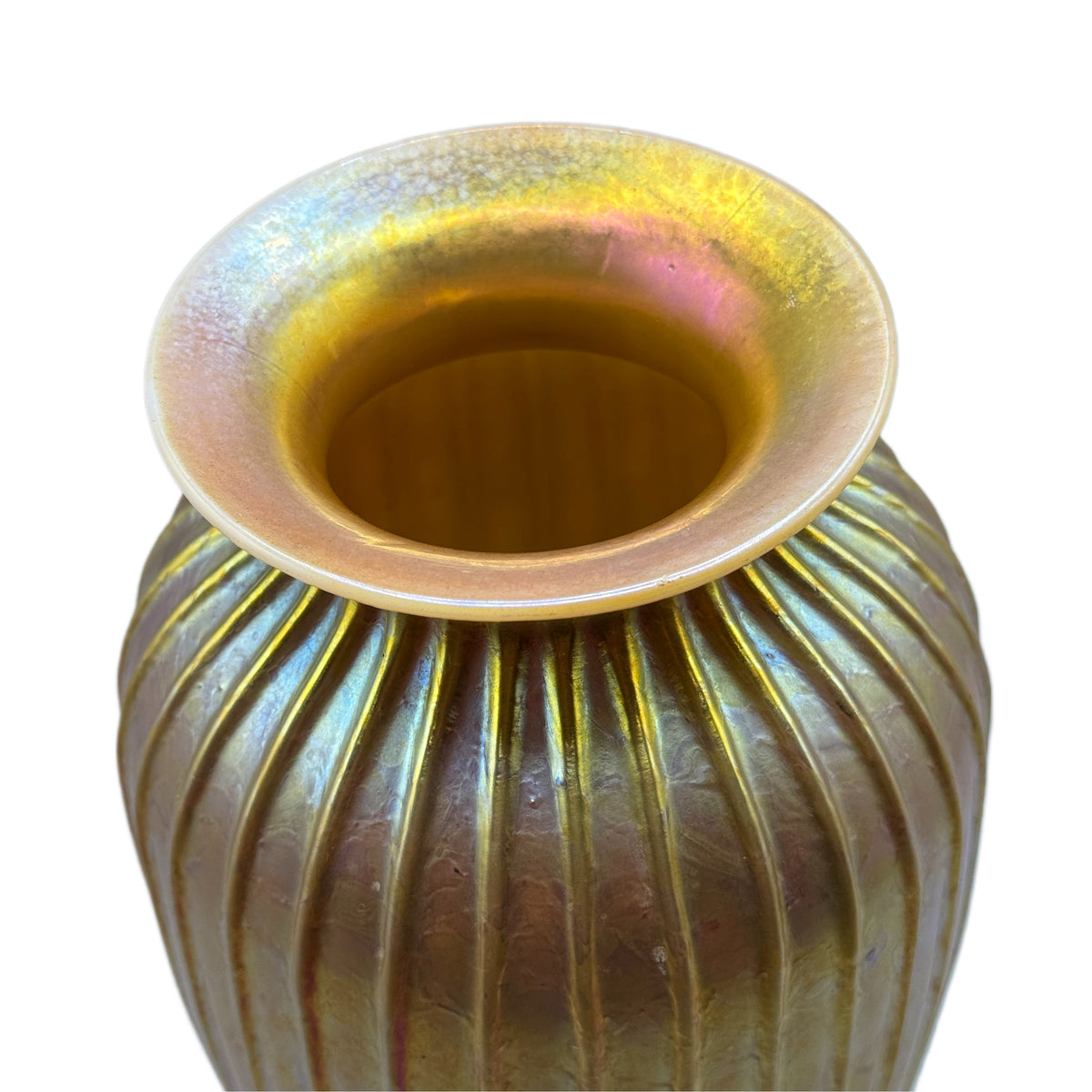 Vintage Lundburg Yellow Iridescent Art Glass Vase Signed 