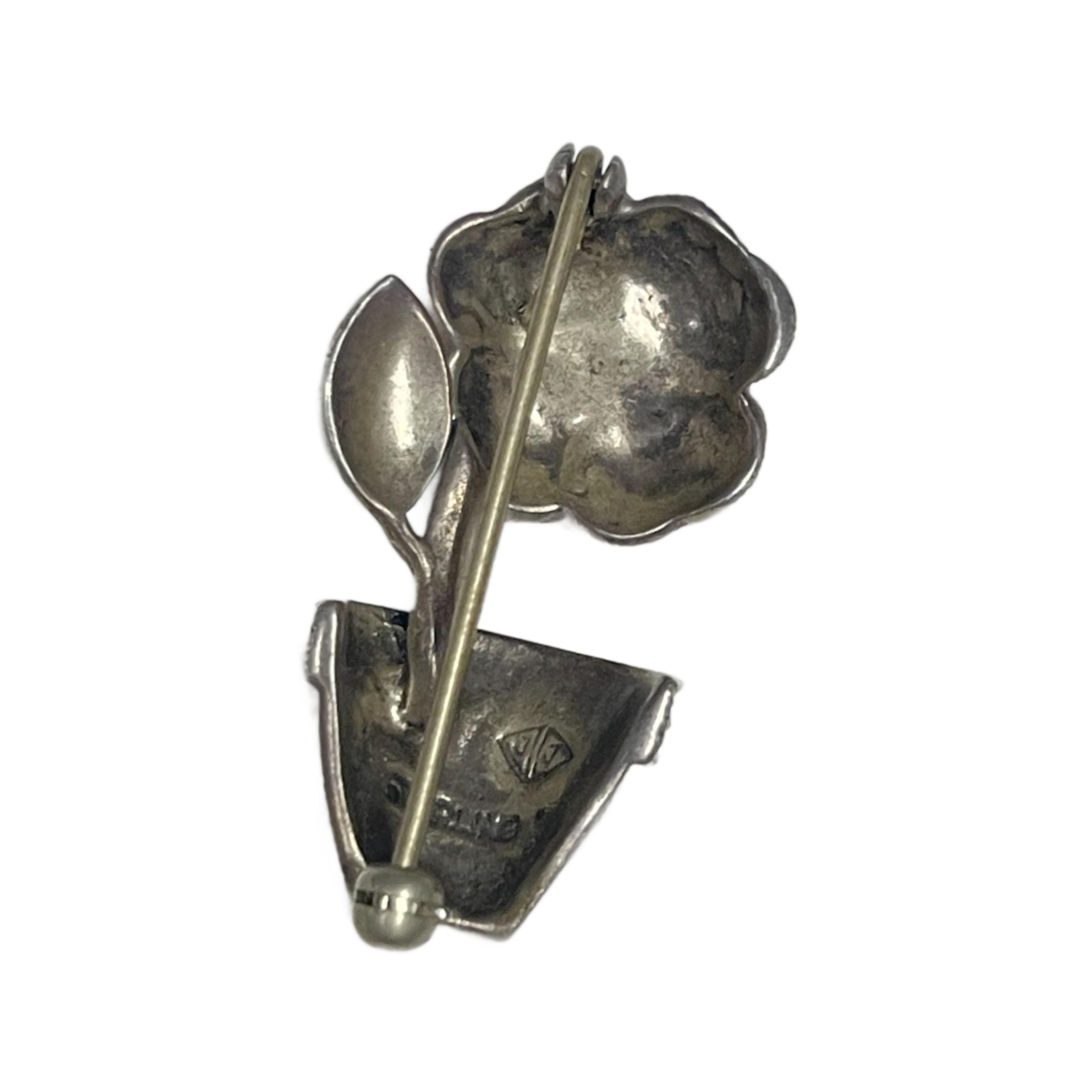 Judith Jack Sterling Silver Enamel Marcasite Flower Pot Brooch 