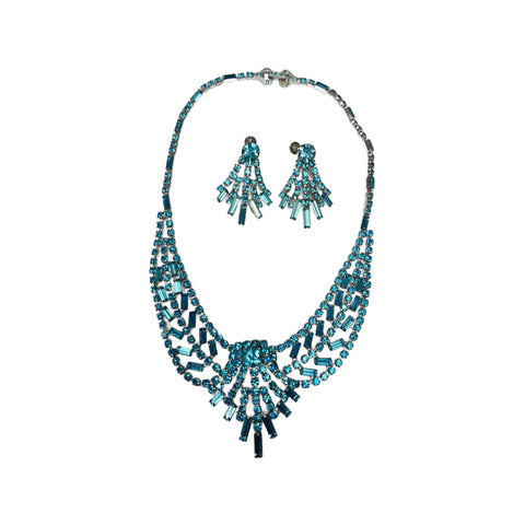 Vintage 1950’s Icy Blue Rhinestone Necklace & Screw Back Earrings Set