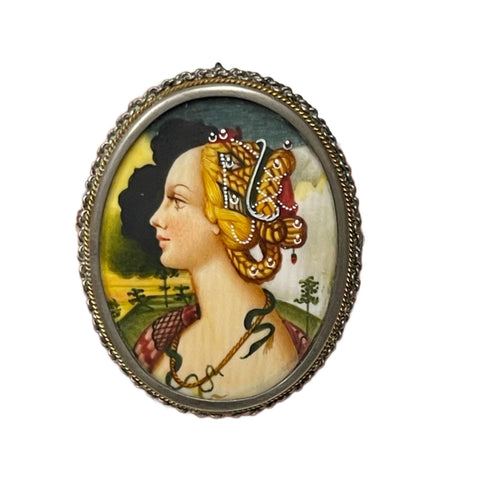 Antique 800 Silver Hand Painted Portrait Brooch