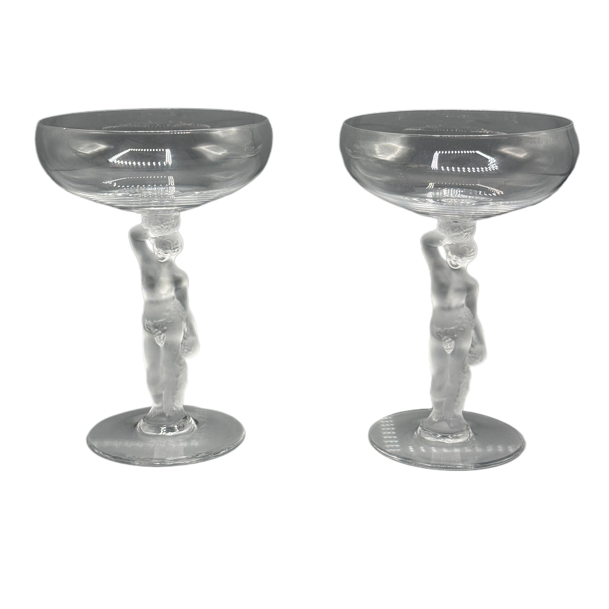 Pair of Vintage Bayel Crystal Frosted 'Bacchus' Figural Stem Champagne Glasses