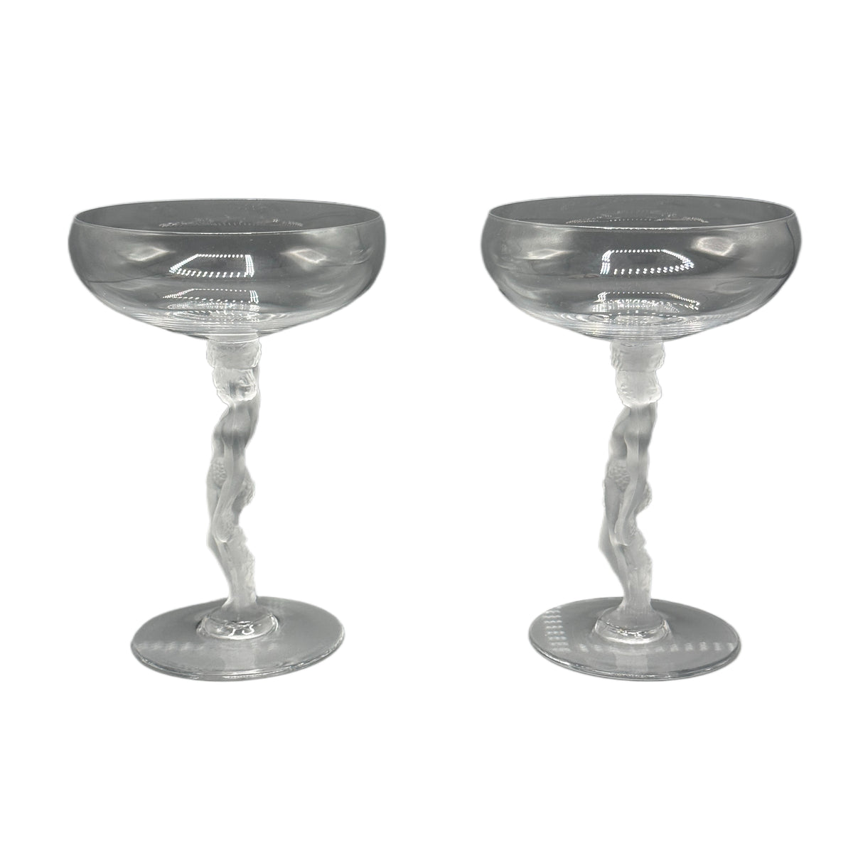 Pair of Vintage Bayel Crystal Frosted 'Bacchus' Figural Stem Champagne Glasses