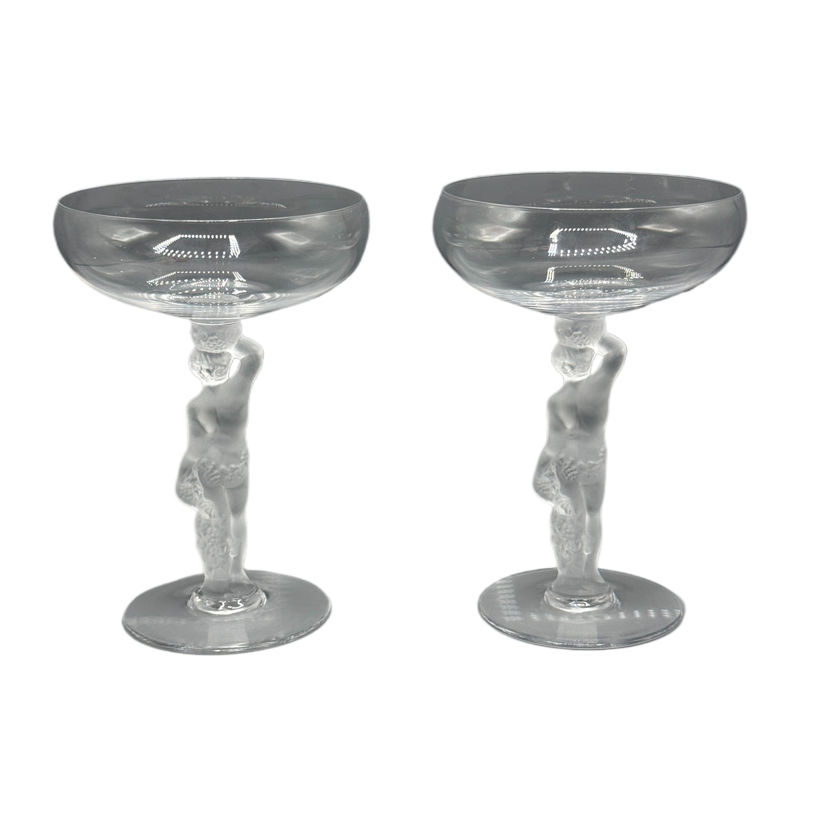 Pair of Vintage Bayel Crystal Frosted 'Bacchus' Figural Stem Champagne Glasses