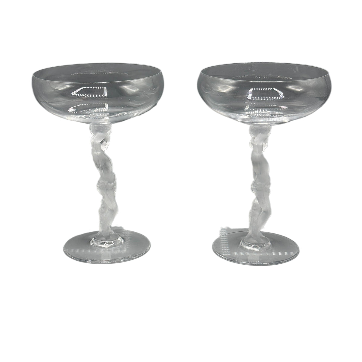 Pair of Vintage Bayel Crystal Frosted 'Bacchus' Figural Stem Champagne Glasses