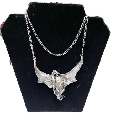 Vintage Custom Signed Sterling Silver Dragon W/ Quartz and Amethyst Necklace