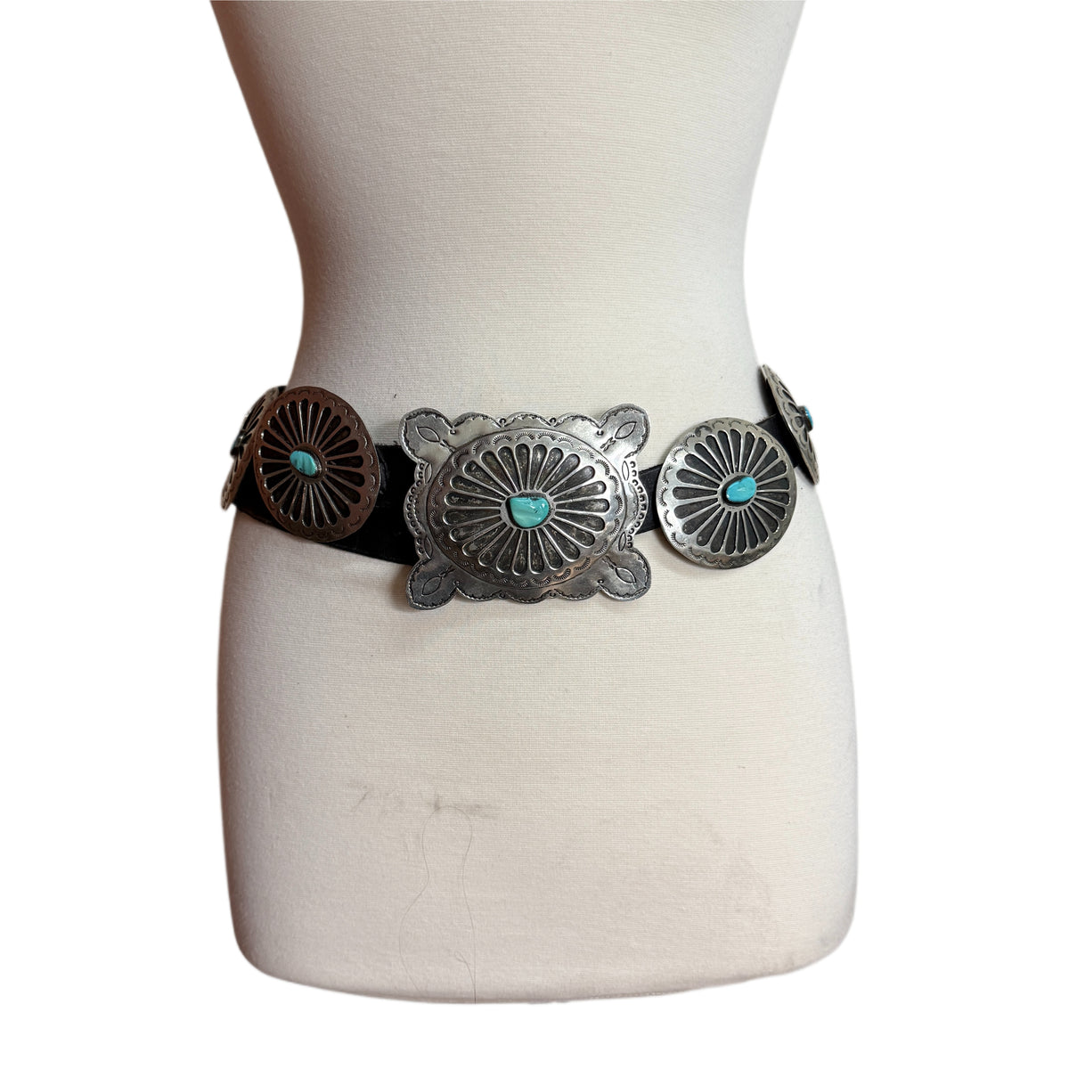 Vintage Silver Native American Old Pawn Concho Turquoise Belt