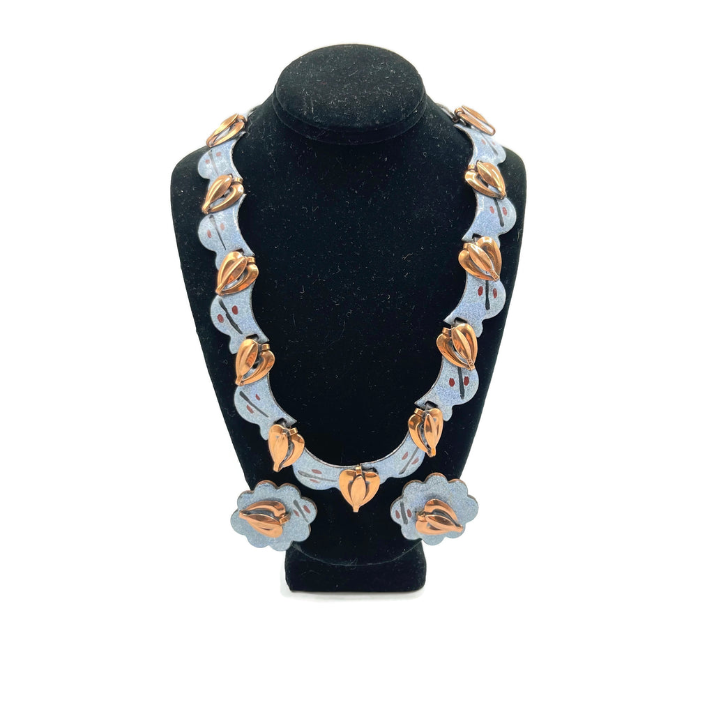 Vintage Rame Enamel Copper Necklace & Earring Set