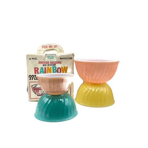 Vintage N.O.S.  Set of 4 Fire King Rainbow Swirl Mixing Bowls With Original Box