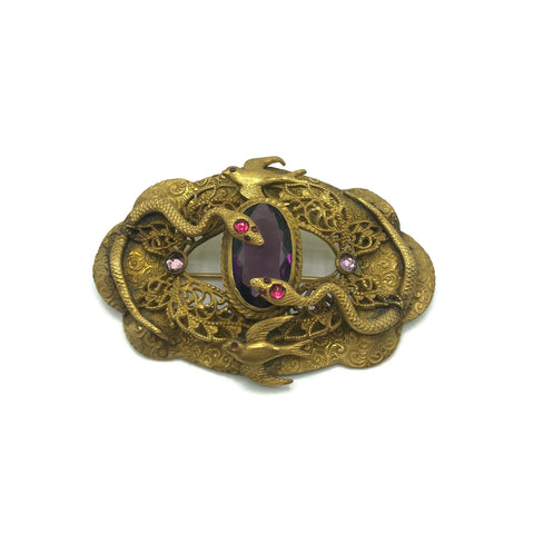 Victorian Rhinestone Gold Tone Snake Brooch