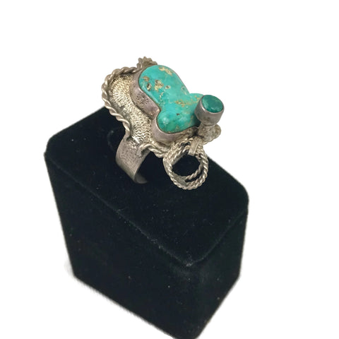 Vintage Unusual Turquoise & Silver Saddle Ring