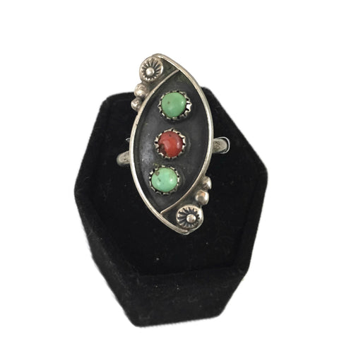 Vintage Sterling Silver Turquoise & Coral Ring