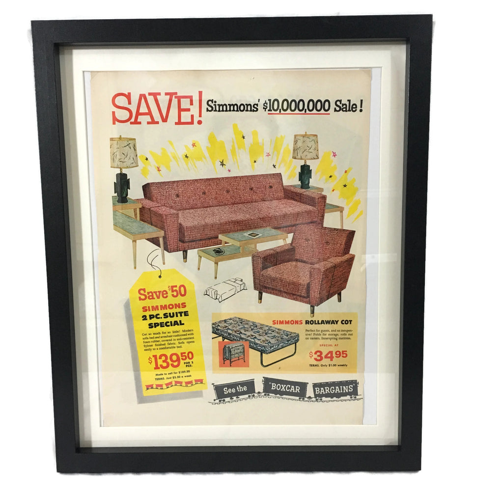Framed Vintage Simmons Mid Century Modern Furniture Advertisement
