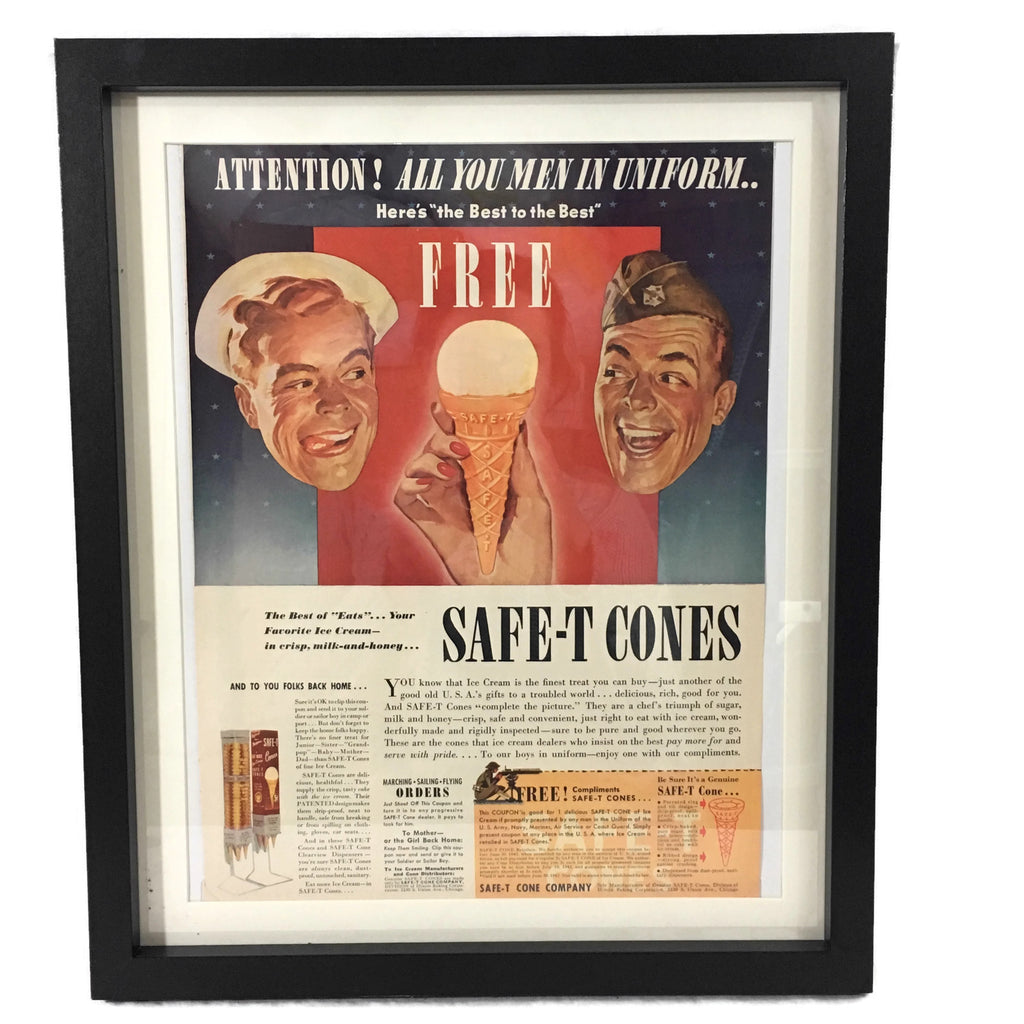 Framed Vintage Safe-T Ice Cream Cone Military Advertisement