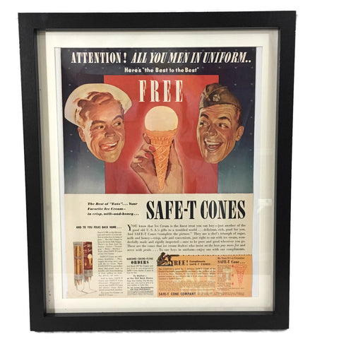 Framed Vintage Safe-T Ice Cream Cone Military Advertisement