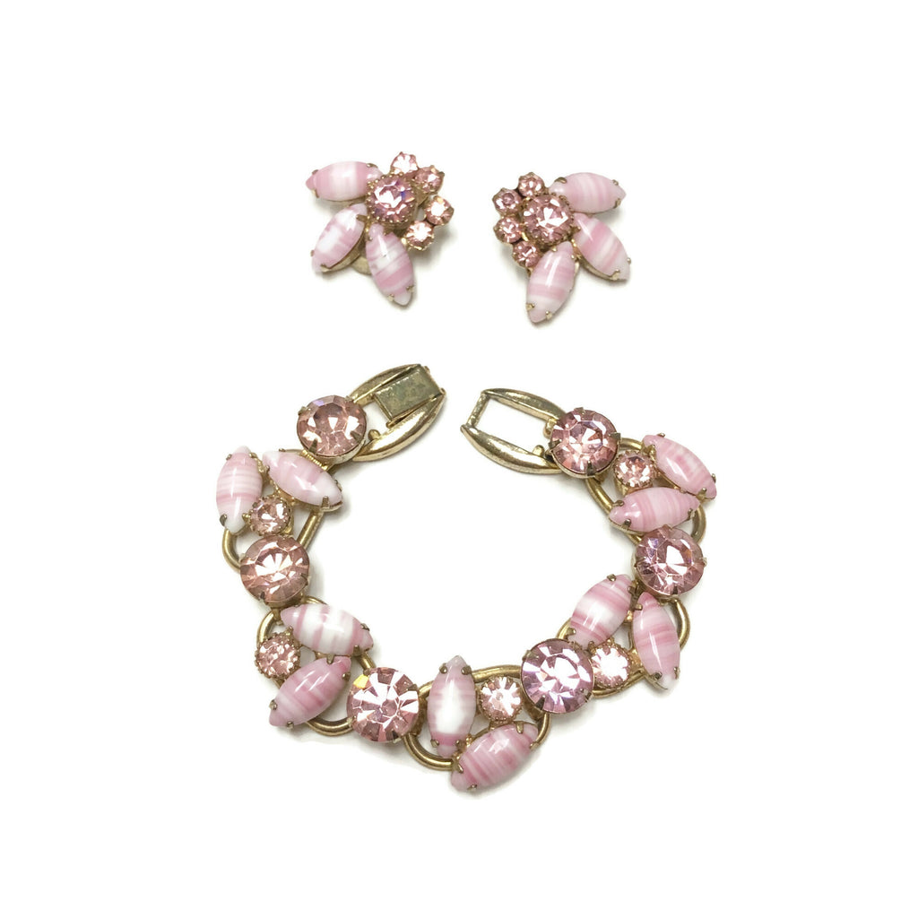 Vintage Juliana Pink Rhinestone & Marbled Glass Necklace & Earring Set