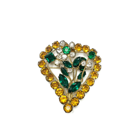 Vintage 3D Rhinestone Heart & Flower Brooch