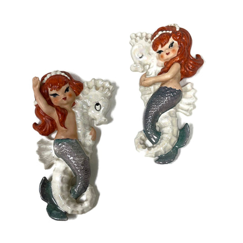 Vintage Lefton Mermaids on Seahorses Ceramic Wall Plaques W/ Original Tags