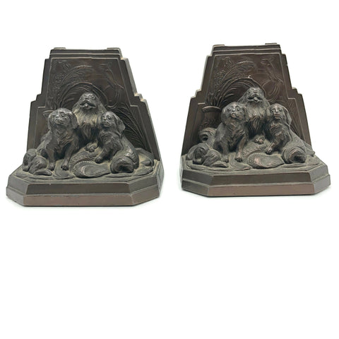 Vintage Bookends W/ Dogs Pekingese Dogs Spelter Metal