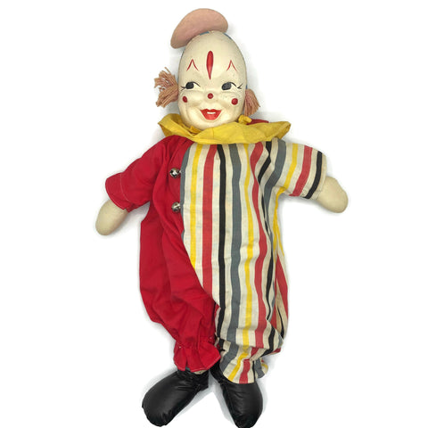 Vintage 1940’s-50’s Clown Doll With Oil Cloth Face