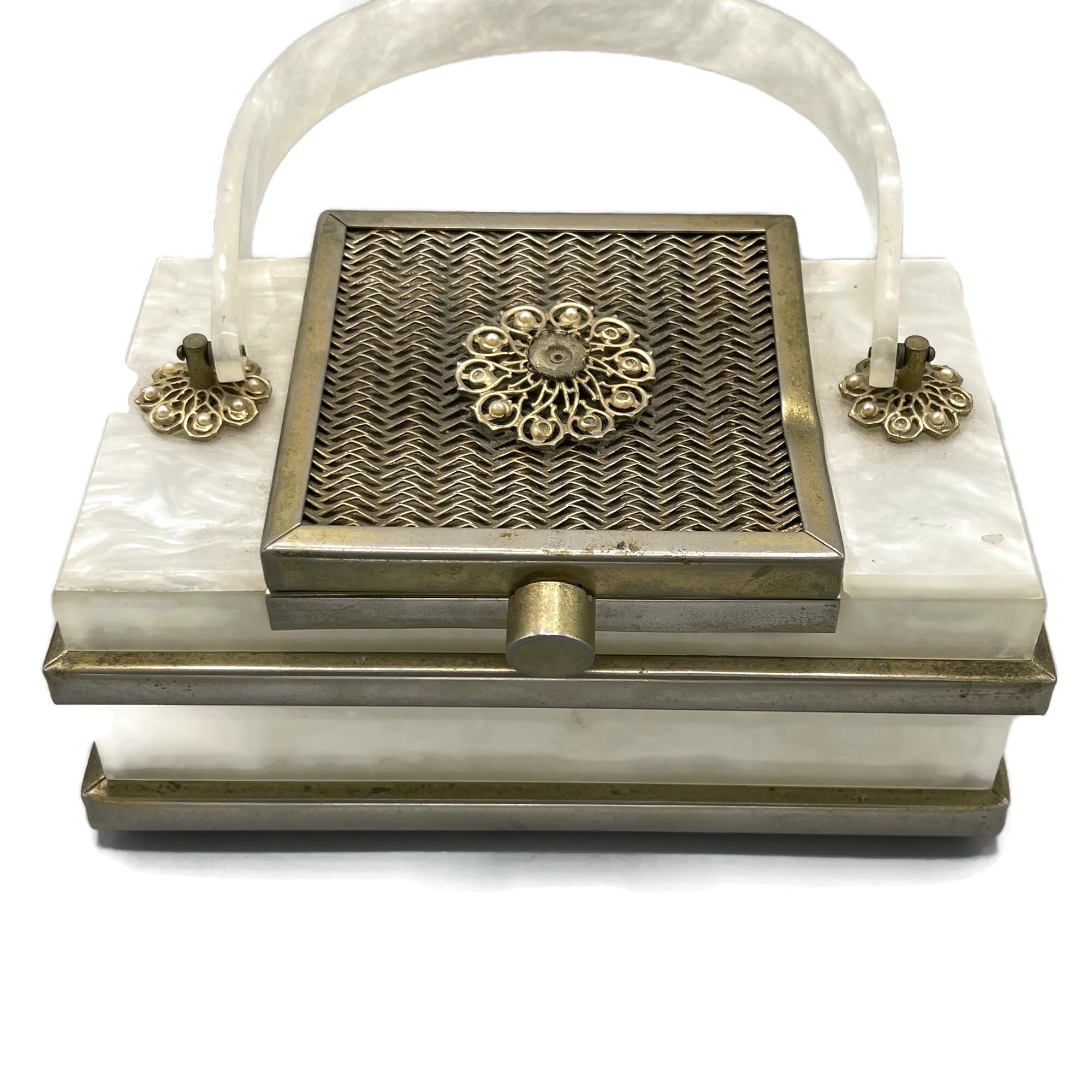 Vintage 1940’s White Marbleized Lucite Metal Accent Purse