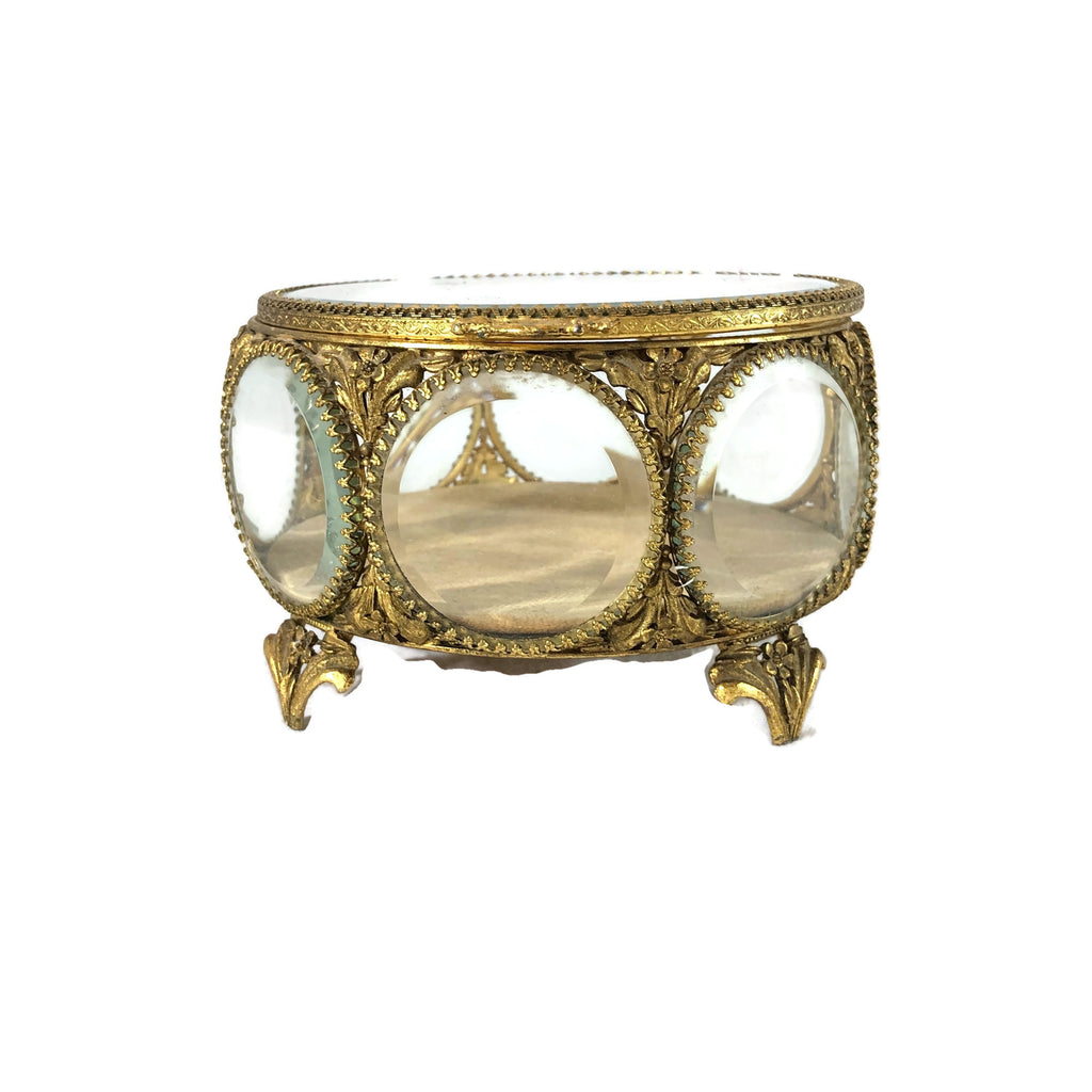 Vintage Round Beveled Glass Jewelry Casket Box.